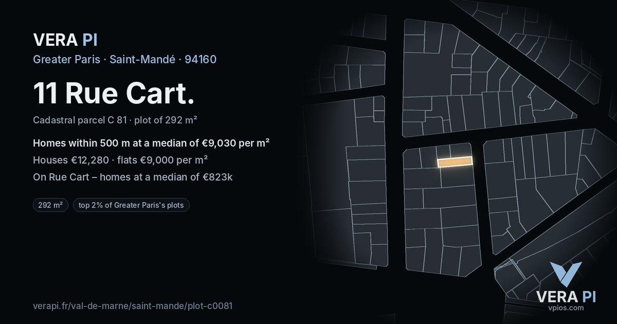 11 Rue Cart, Saint-Mandé at night – the plot lit, the parcels around coloured by the prices near them