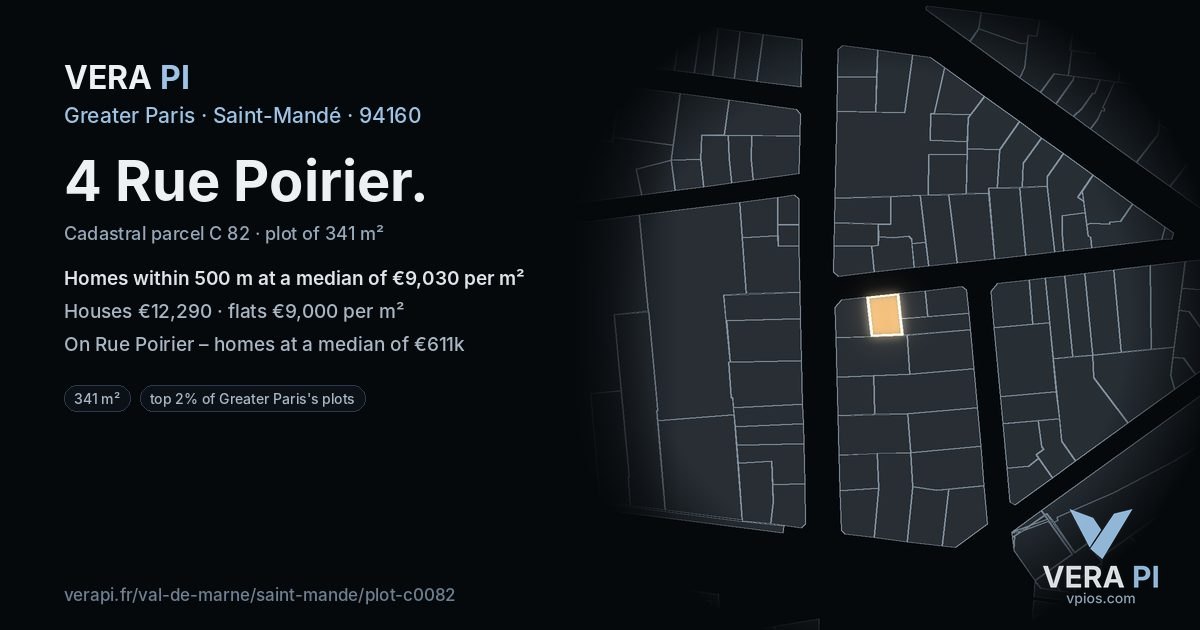 4 Rue Poirier, Saint-Mandé at night – the plot lit, the parcels around coloured by the prices near them