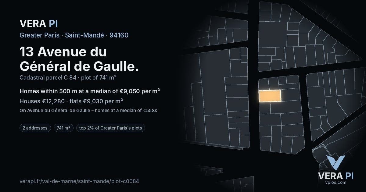 13 Avenue du Général de Gaulle, Saint-Mandé at night – the plot lit, the parcels around coloured by the prices near them