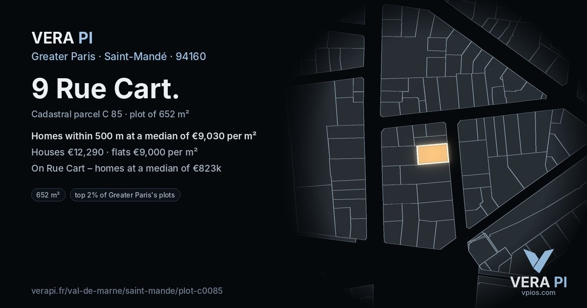 9 Rue Cart, Saint-Mandé at night – the plot lit, the parcels around coloured by the prices near them