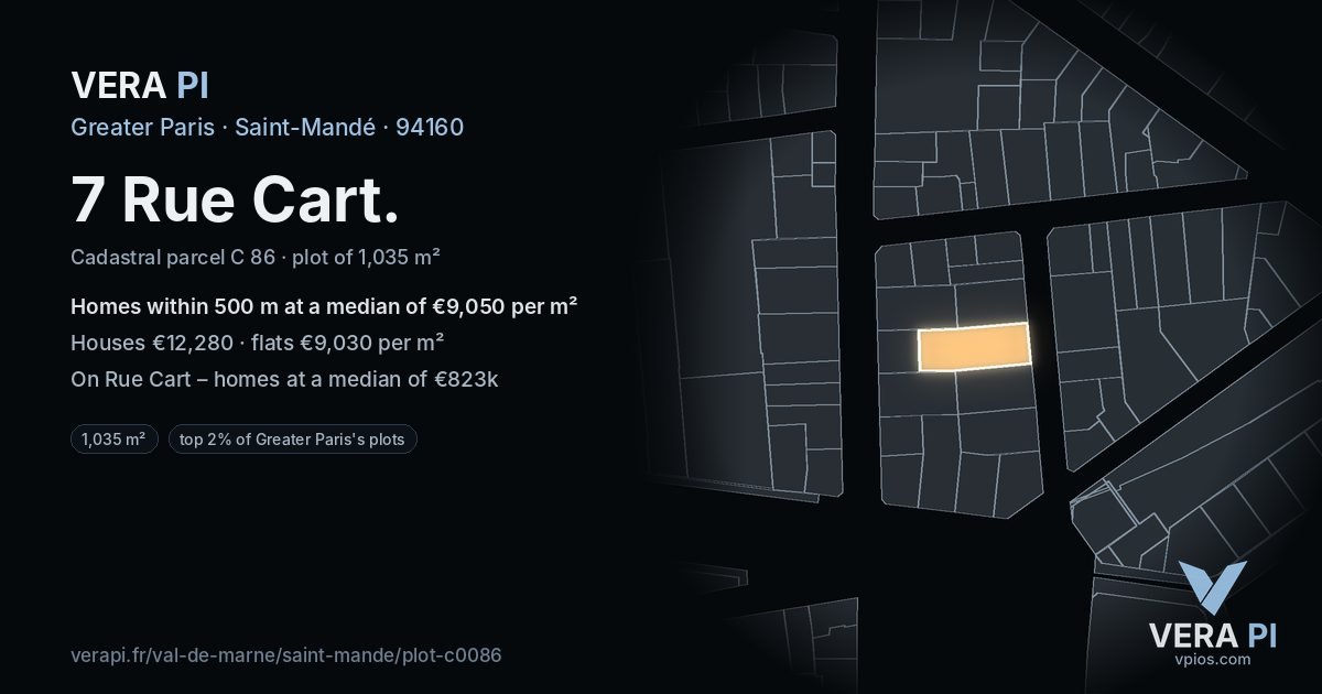 7 Rue Cart, Saint-Mandé at night – the plot lit, the parcels around coloured by the prices near them