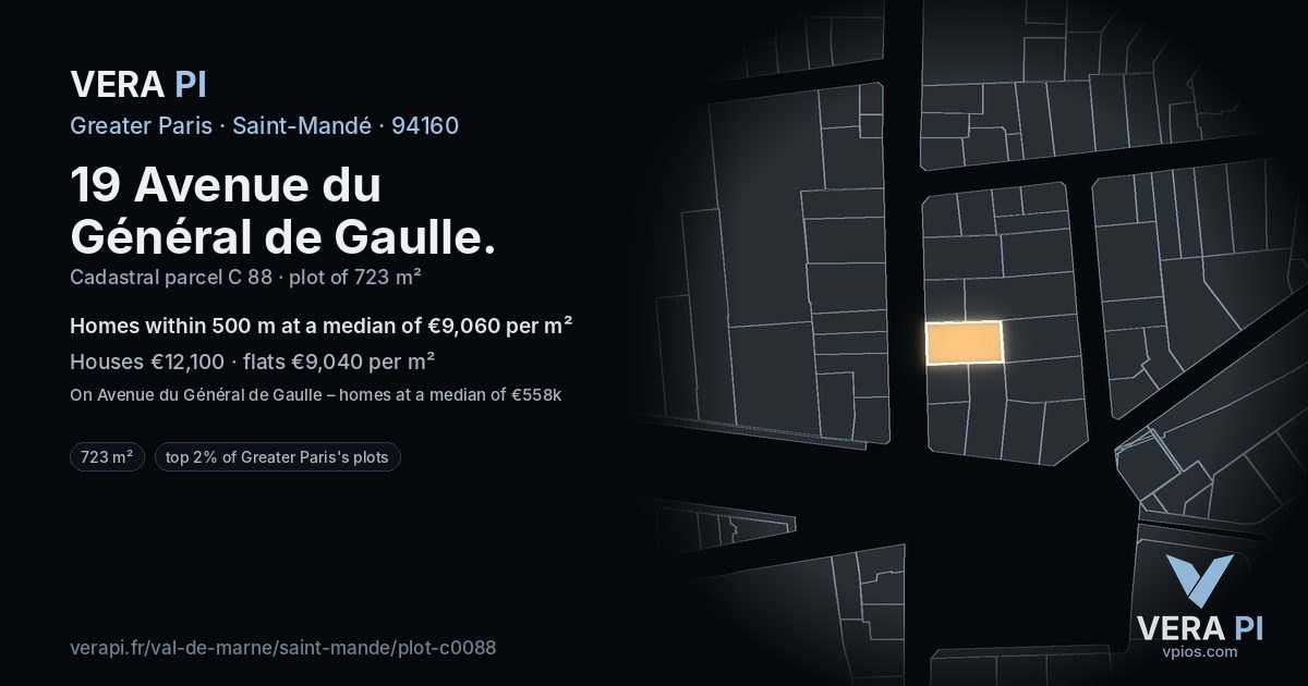 19 Avenue du Général de Gaulle, Saint-Mandé at night – the plot lit, the parcels around coloured by the prices near them