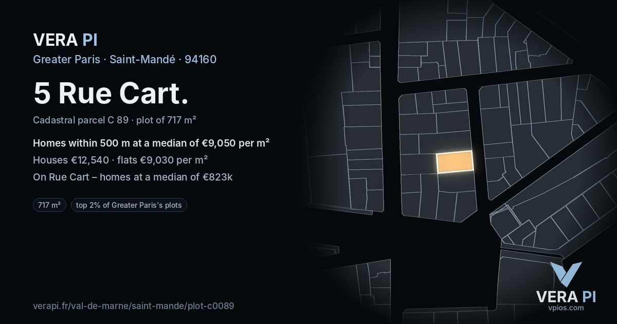 5 Rue Cart, Saint-Mandé at night – the plot lit, the parcels around coloured by the prices near them