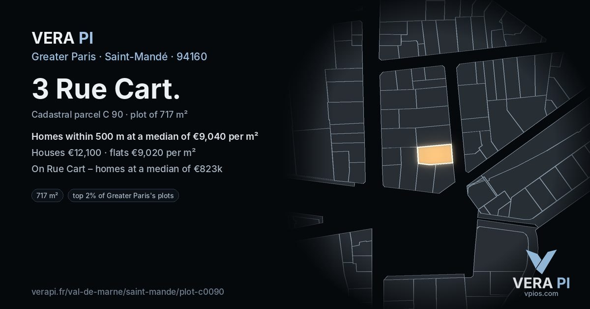 3 Rue Cart, Saint-Mandé at night – the plot lit, the parcels around coloured by the prices near them