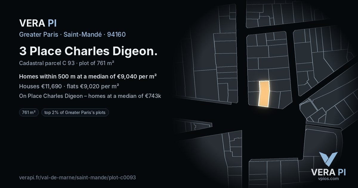 3 Place Charles Digeon, Saint-Mandé at night – the plot lit, the parcels around coloured by the prices near them