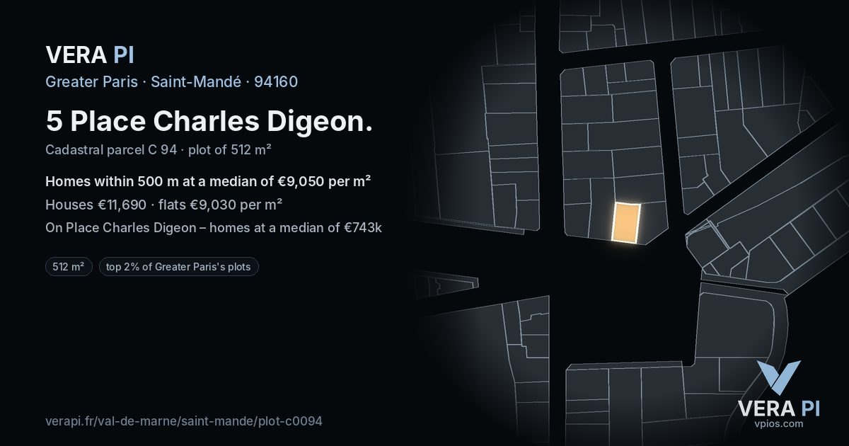 5 Place Charles Digeon, Saint-Mandé at night – the plot lit, the parcels around coloured by the prices near them