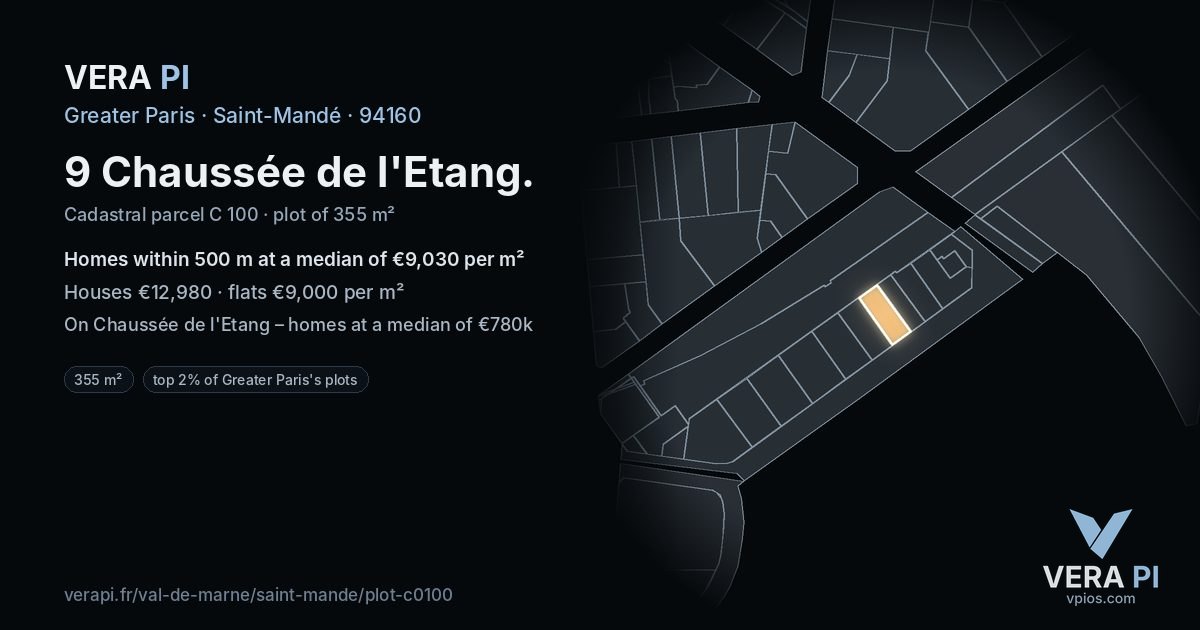 9 Chaussée de l'Etang, Saint-Mandé at night – the plot lit, the parcels around coloured by the prices near them