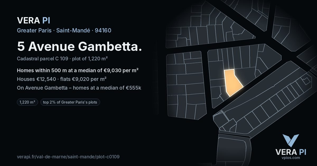 5 Avenue Gambetta, Saint-Mandé at night – the plot lit, the parcels around coloured by the prices near them