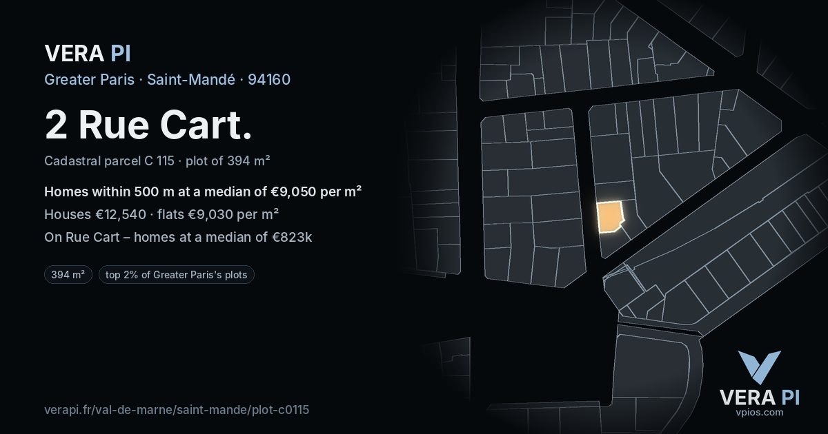2 Rue Cart, Saint-Mandé at night – the plot lit, the parcels around coloured by the prices near them
