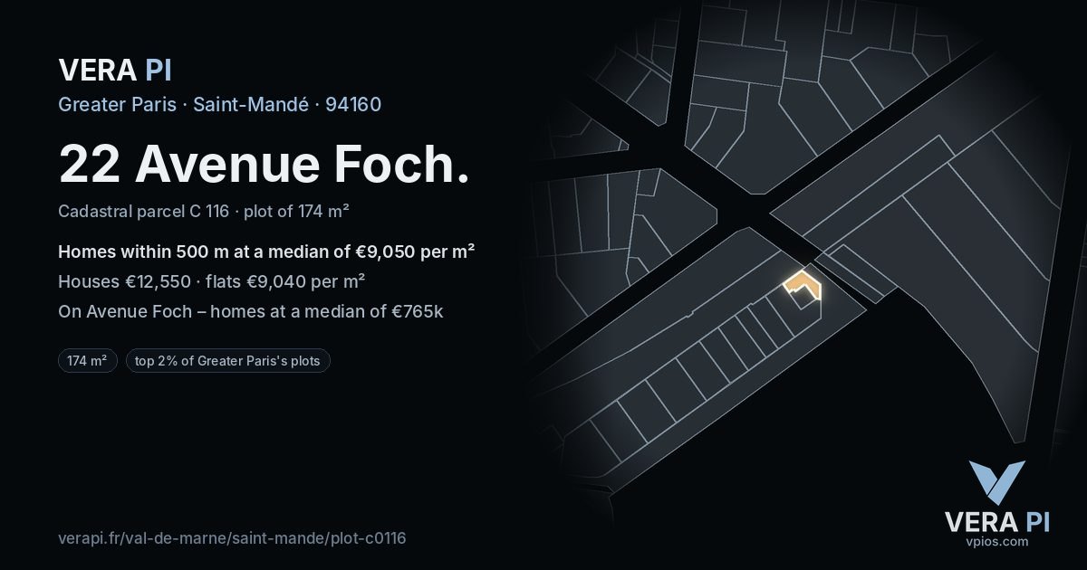 22 Avenue Foch, Saint-Mandé at night – the plot lit, the parcels around coloured by the prices near them