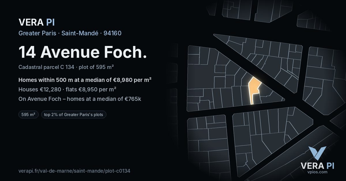 14 Avenue Foch, Saint-Mandé at night – the plot lit, the parcels around coloured by the prices near them