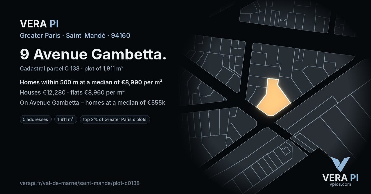 9 Avenue Gambetta, Saint-Mandé at night – the plot lit, the parcels around coloured by the prices near them