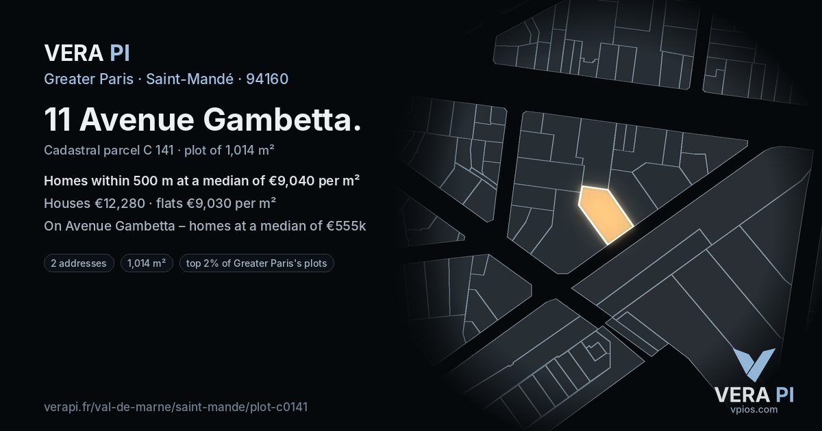 11 Avenue Gambetta, Saint-Mandé at night – the plot lit, the parcels around coloured by the prices near them