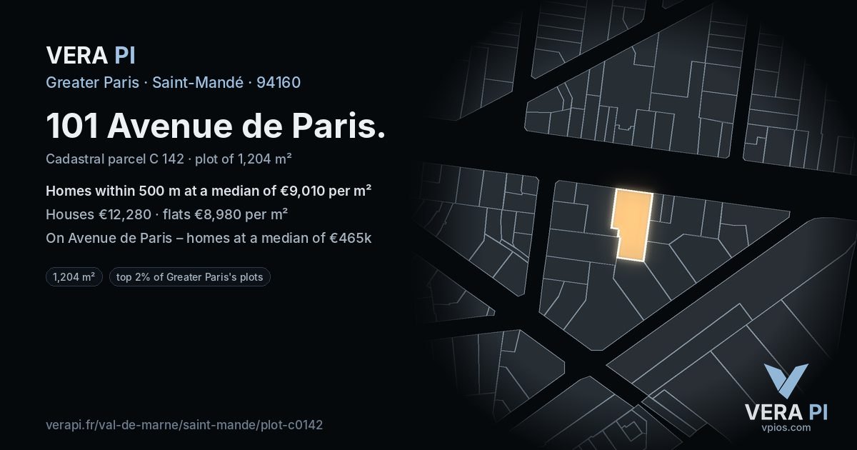 101 Avenue de Paris, Saint-Mandé at night – the plot lit, the parcels around coloured by the prices near them