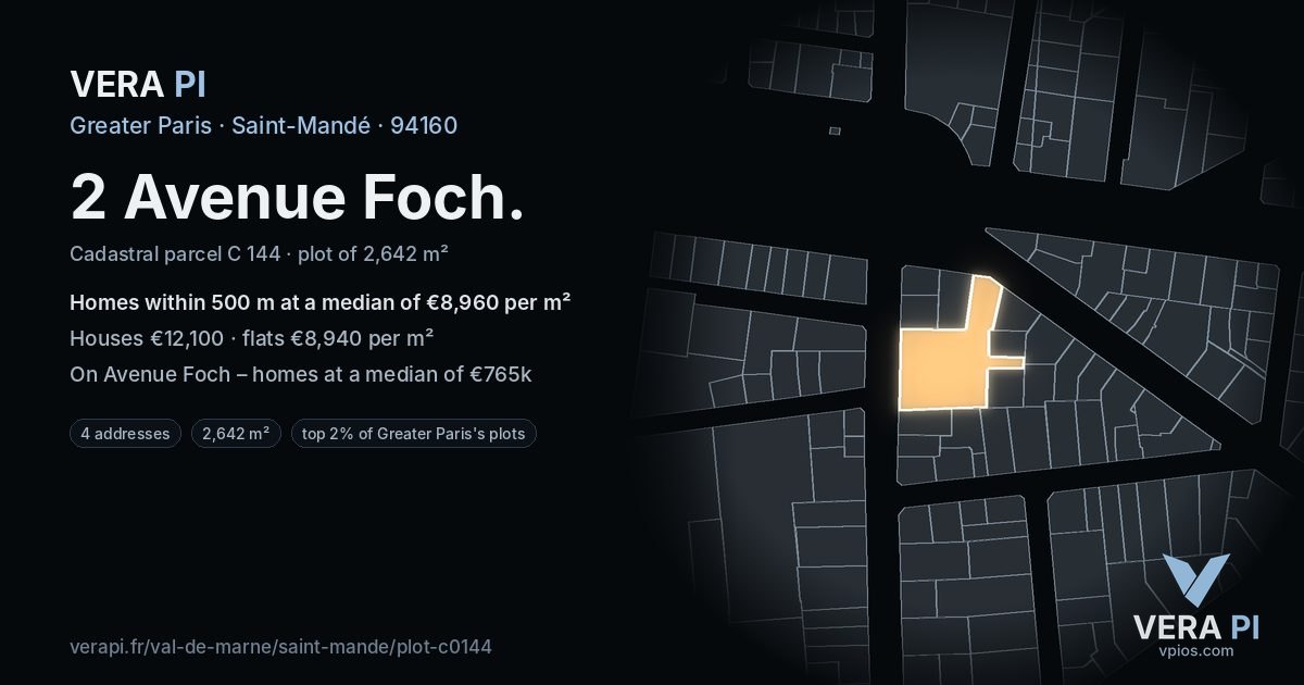 2 Avenue Foch, Saint-Mandé at night – the plot lit, the parcels around coloured by the prices near them