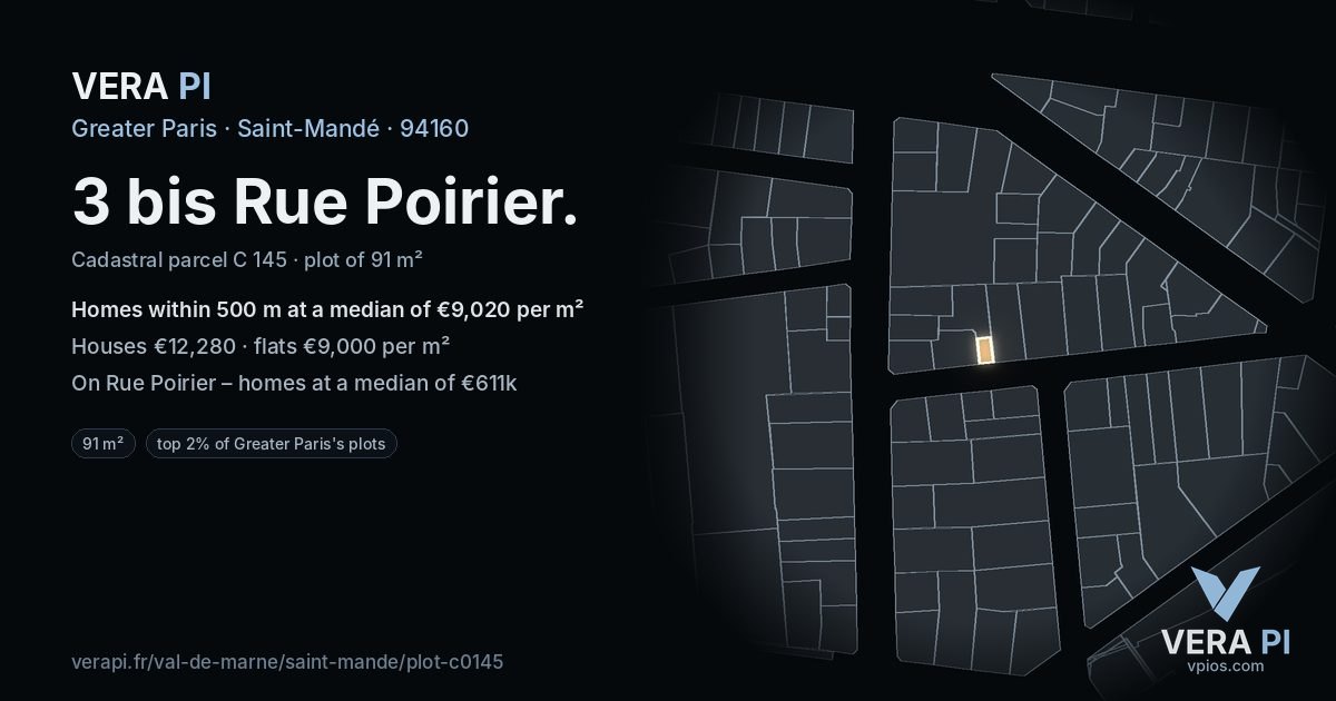 3 bis Rue Poirier, Saint-Mandé at night – the plot lit, the parcels around coloured by the prices near them