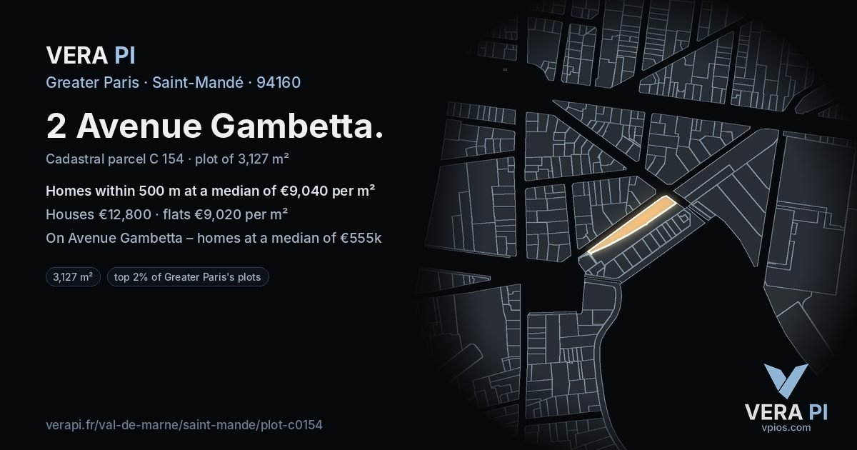 2 Avenue Gambetta, Saint-Mandé at night – the plot lit, the parcels around coloured by the prices near them