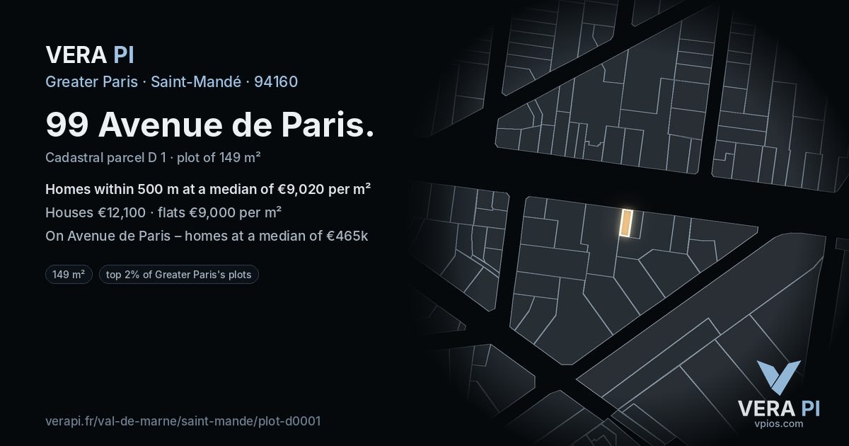 99 Avenue de Paris, Saint-Mandé at night – the plot lit, the parcels around coloured by the prices near them