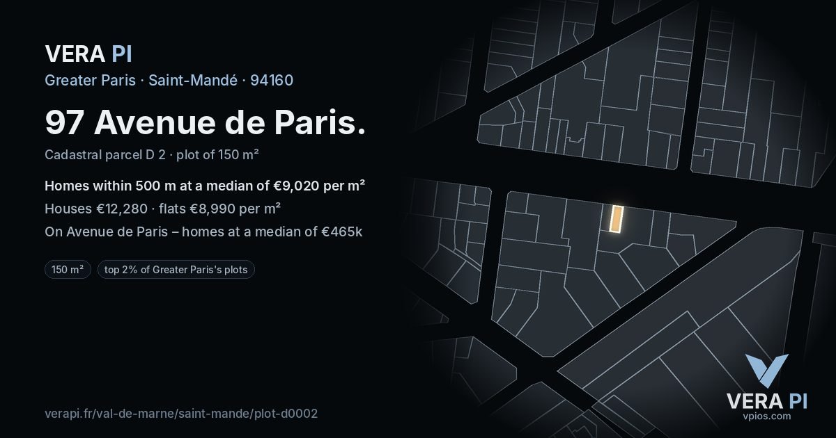 97 Avenue de Paris, Saint-Mandé at night – the plot lit, the parcels around coloured by the prices near them