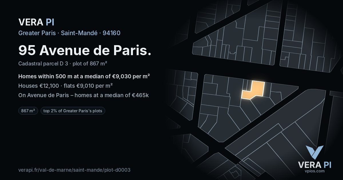 95 Avenue de Paris, Saint-Mandé at night – the plot lit, the parcels around coloured by the prices near them
