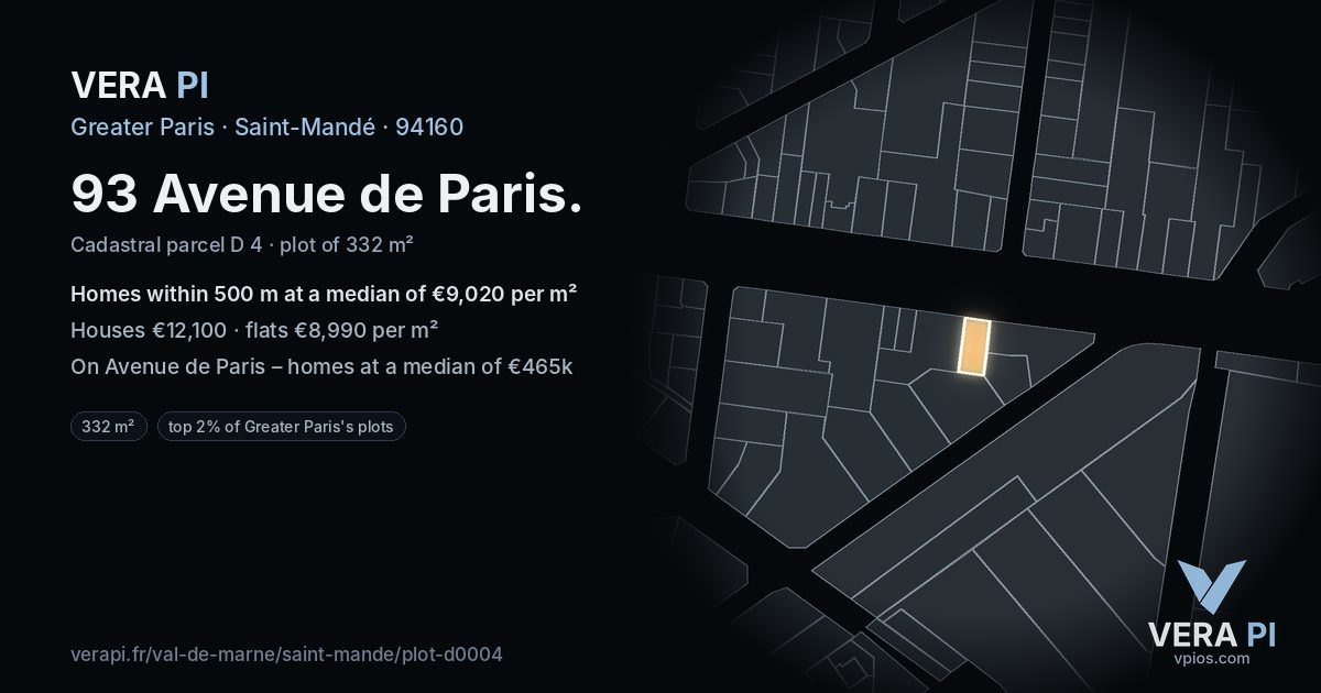 93 Avenue de Paris, Saint-Mandé at night – the plot lit, the parcels around coloured by the prices near them