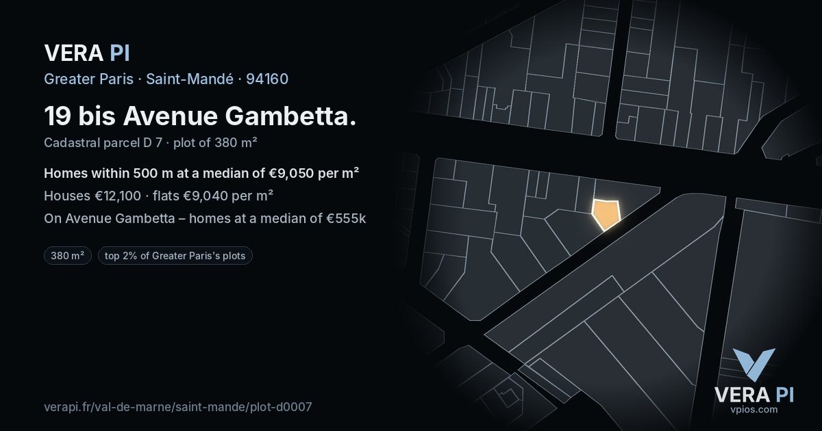 19 bis Avenue Gambetta, Saint-Mandé at night – the plot lit, the parcels around coloured by the prices near them