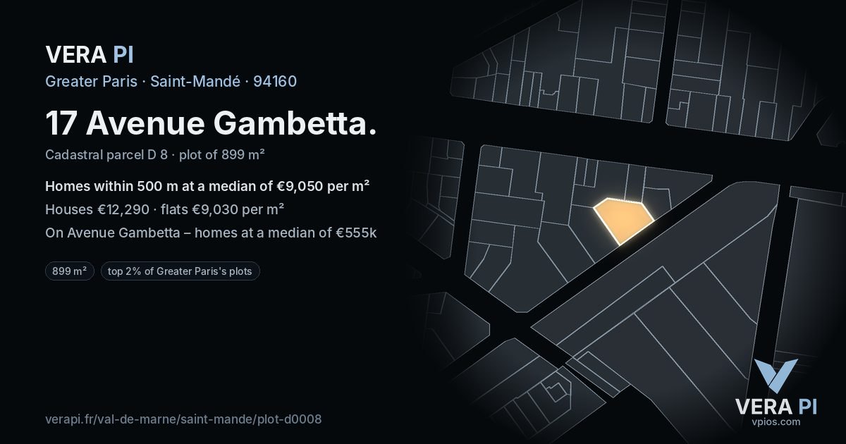 17 Avenue Gambetta, Saint-Mandé at night – the plot lit, the parcels around coloured by the prices near them