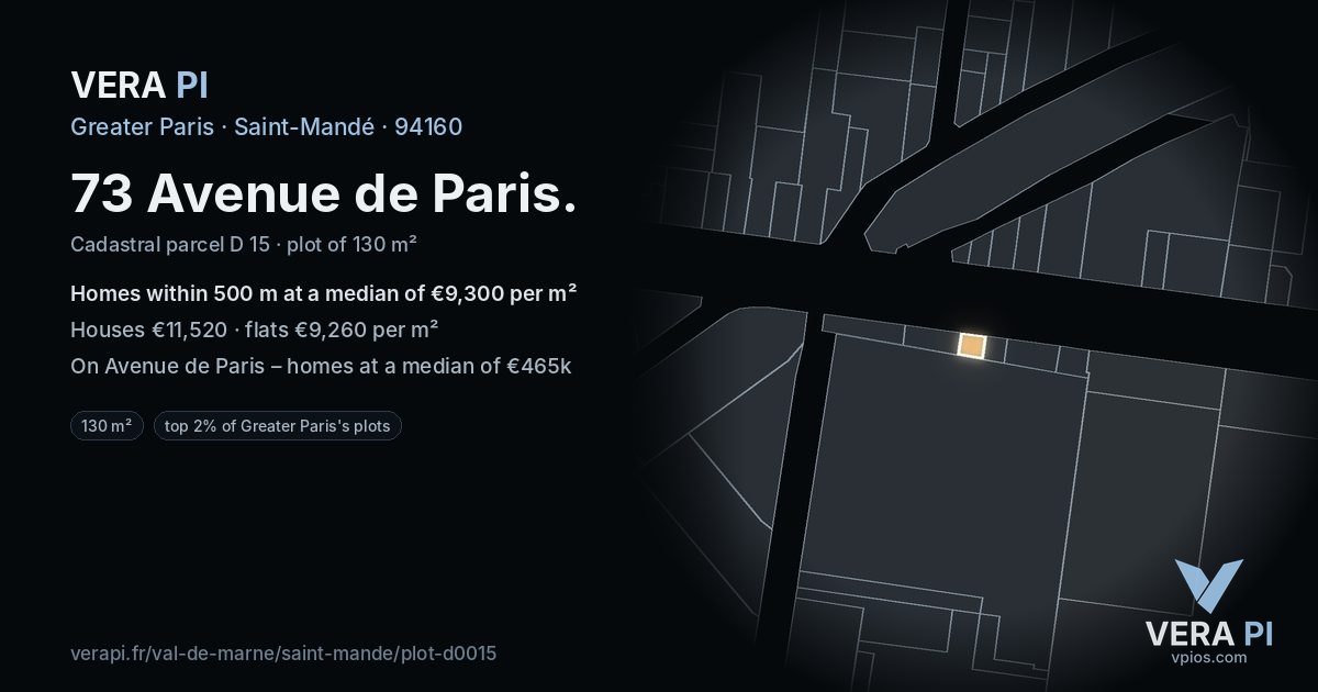73 Avenue de Paris, Saint-Mandé at night – the plot lit, the parcels around coloured by the prices near them