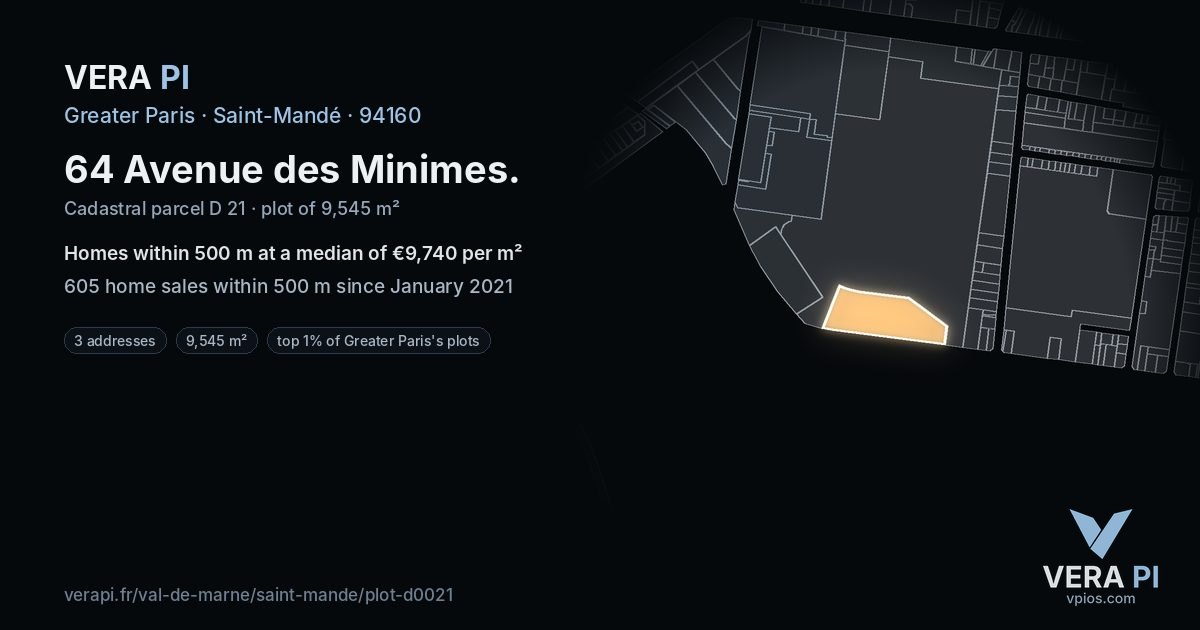 64 Avenue des Minimes, Saint-Mandé at night – the plot lit, the parcels around coloured by the prices near them