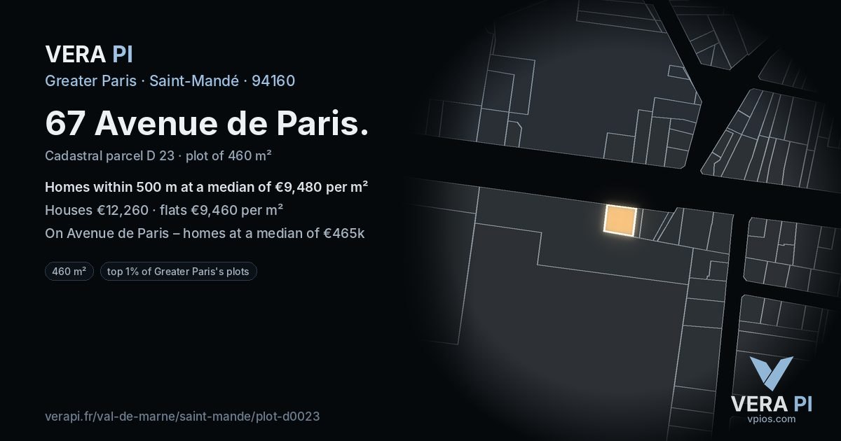 67 Avenue de Paris, Saint-Mandé at night – the plot lit, the parcels around coloured by the prices near them