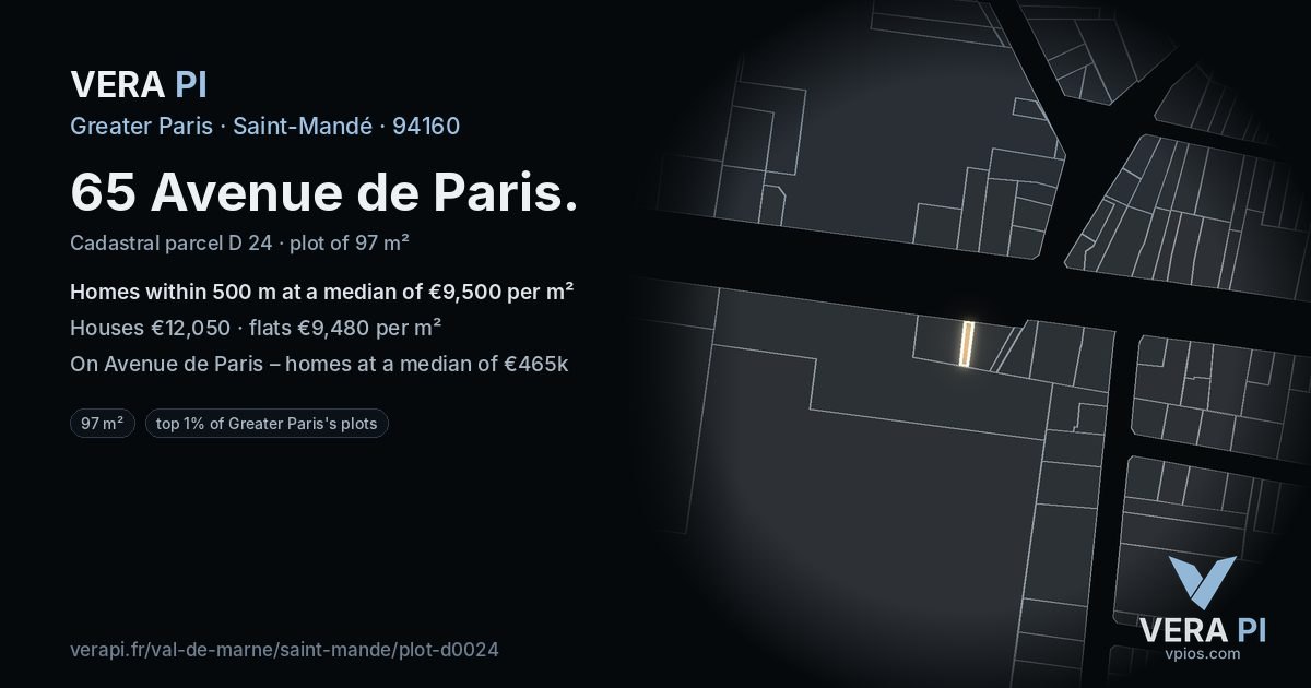65 Avenue de Paris, Saint-Mandé at night – the plot lit, the parcels around coloured by the prices near them
