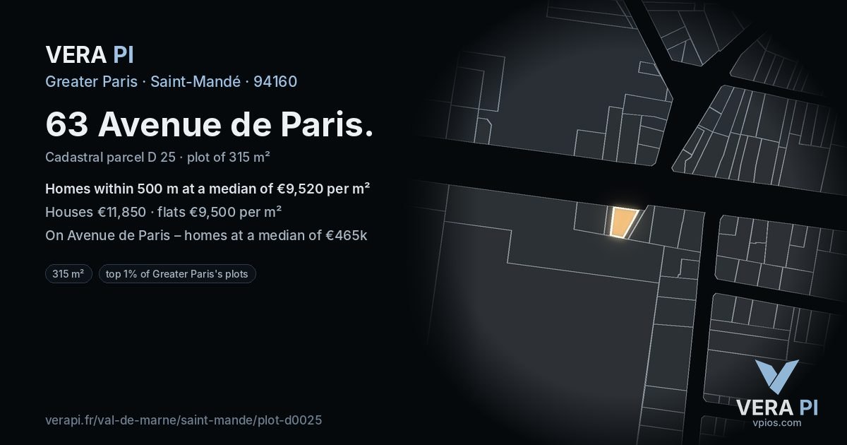 63 Avenue de Paris, Saint-Mandé at night – the plot lit, the parcels around coloured by the prices near them