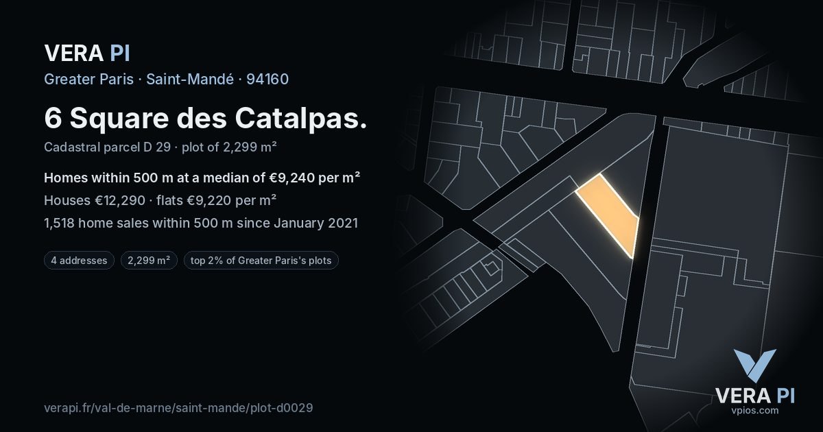 6 Square des Catalpas, Saint-Mandé at night – the plot lit, the parcels around coloured by the prices near them