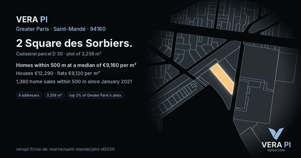 2 Square des Sorbiers, Saint-Mandé at night – the plot lit, the parcels around coloured by the prices near them