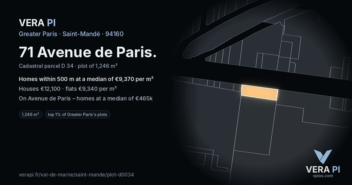 71 Avenue de Paris, Saint-Mandé at night – the plot lit, the parcels around coloured by the prices near them