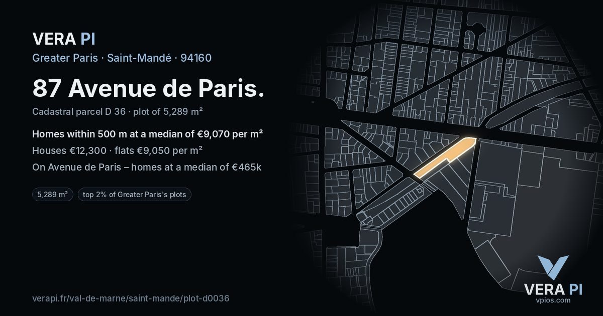 87 Avenue de Paris, Saint-Mandé at night – the plot lit, the parcels around coloured by the prices near them