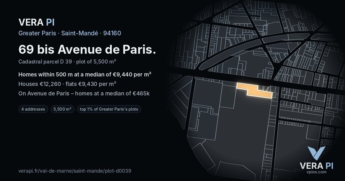 69 bis Avenue de Paris, Saint-Mandé at night – the plot lit, the parcels around coloured by the prices near them