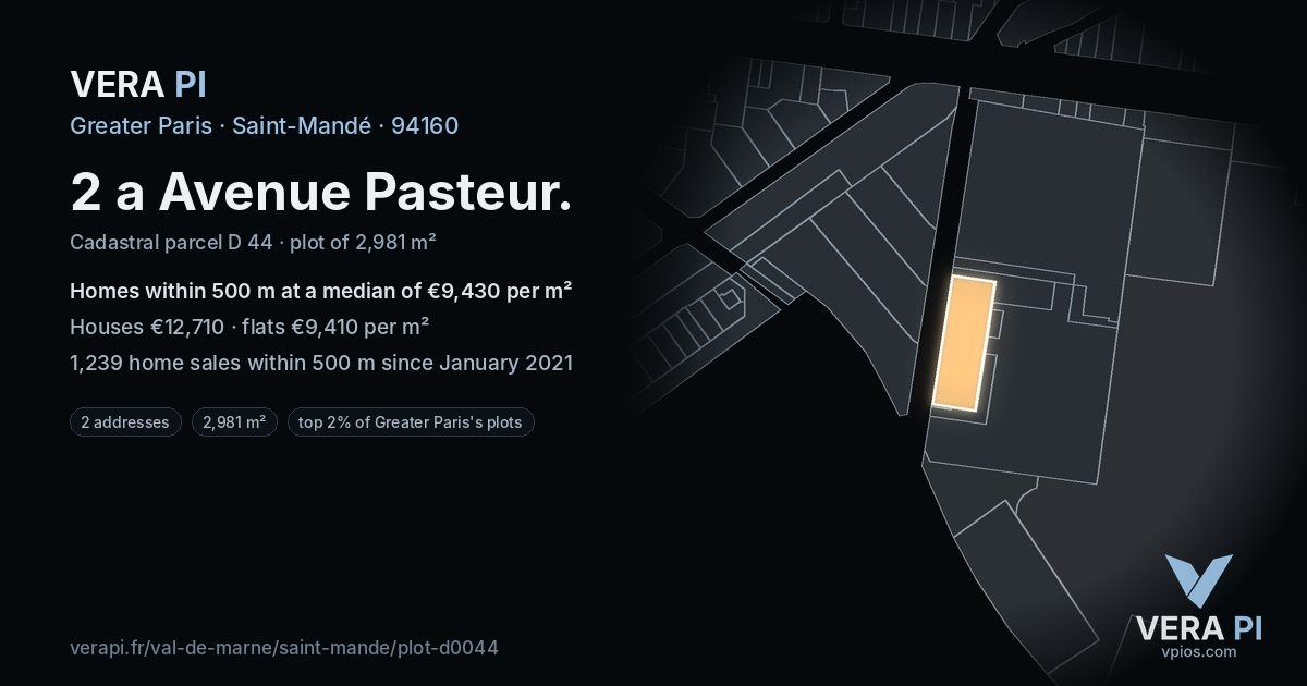 2 a Avenue Pasteur, Saint-Mandé at night – the plot lit, the parcels around coloured by the prices near them