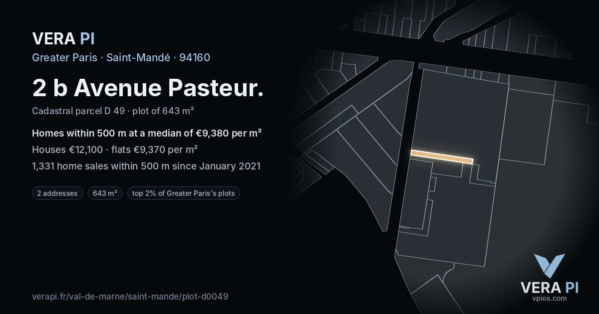 2 b Avenue Pasteur, Saint-Mandé at night – the plot lit, the parcels around coloured by the prices near them