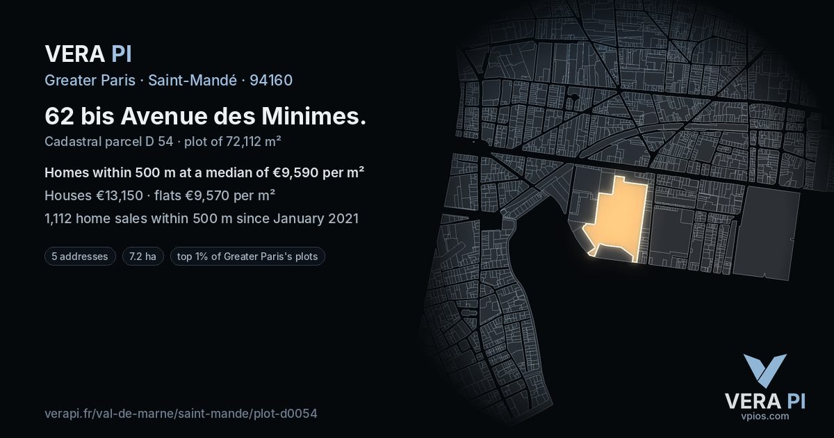 62 bis Avenue des Minimes, Saint-Mandé at night – the plot lit, the parcels around coloured by the prices near them