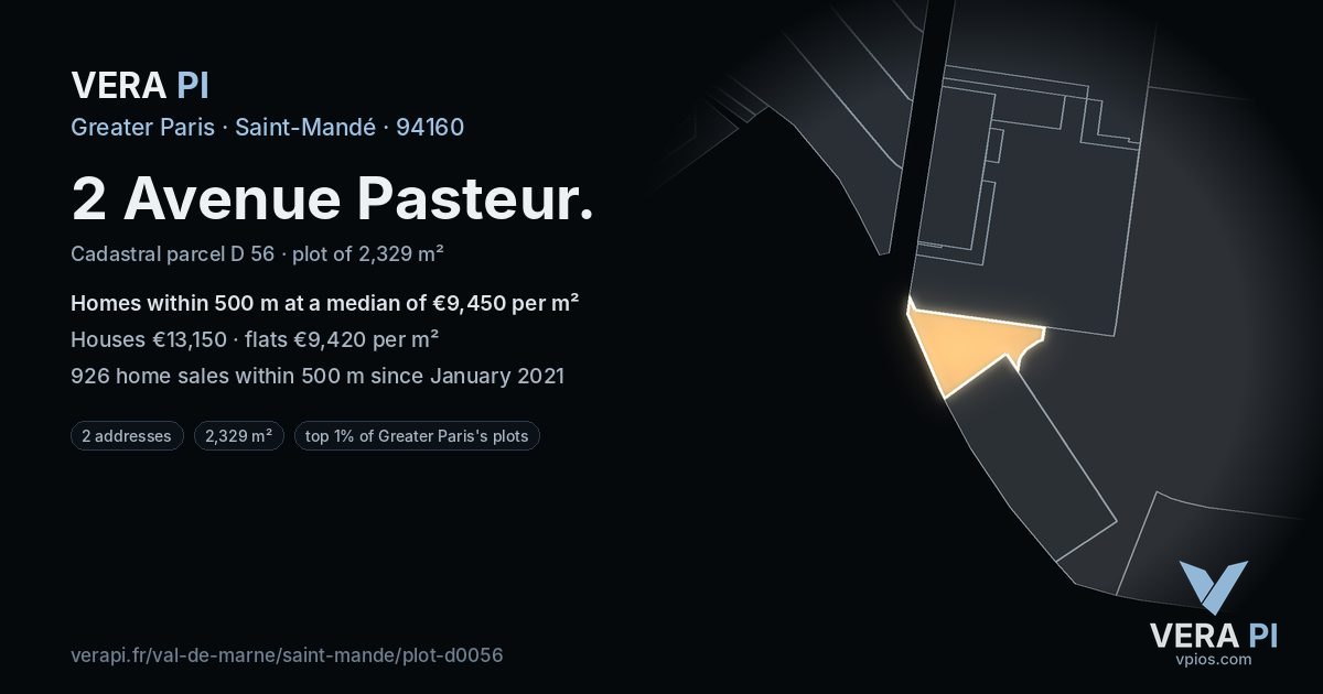 2 Avenue Pasteur, Saint-Mandé at night – the plot lit, the parcels around coloured by the prices near them
