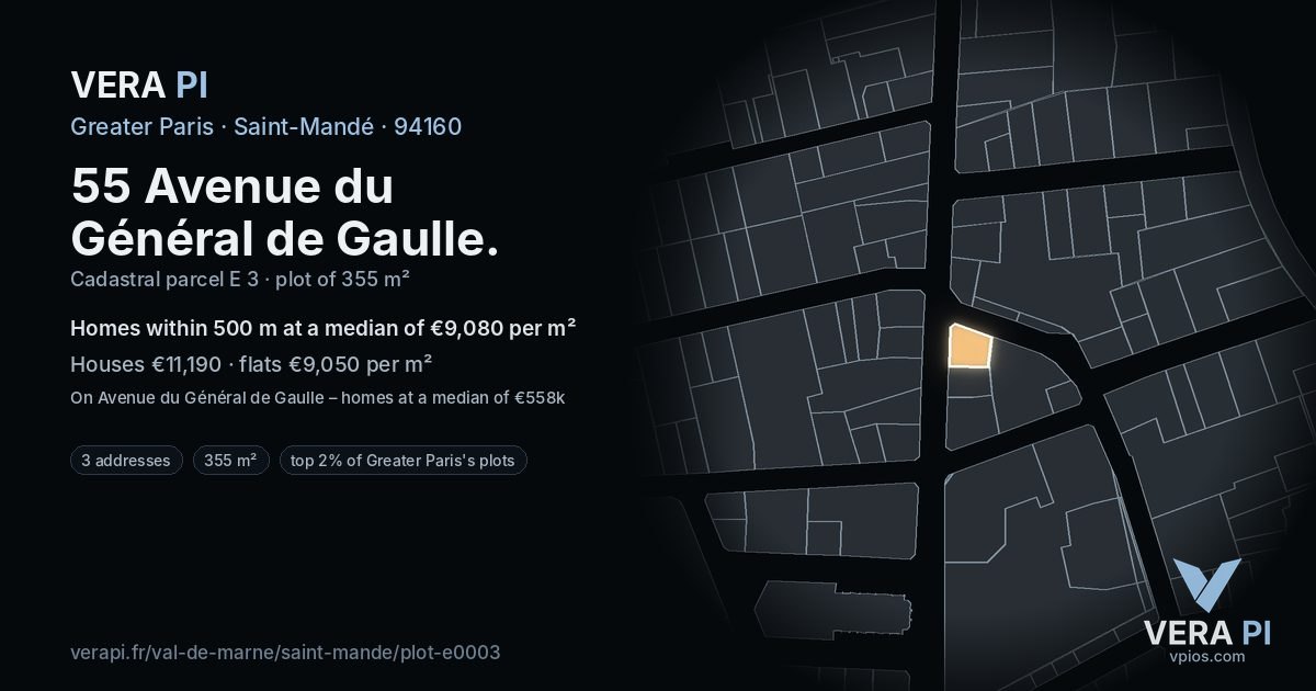 55 Avenue du Général de Gaulle, Saint-Mandé at night – the plot lit, the parcels around coloured by the prices near them