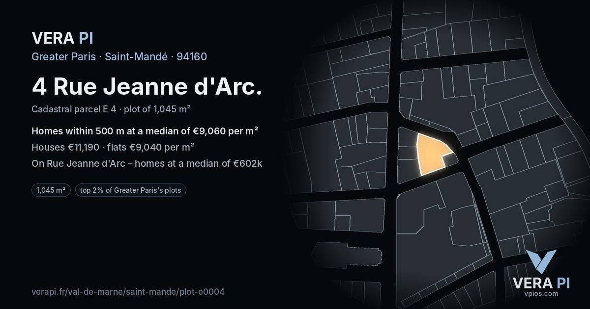4 Rue Jeanne d'Arc, Saint-Mandé at night – the plot lit, the parcels around coloured by the prices near them