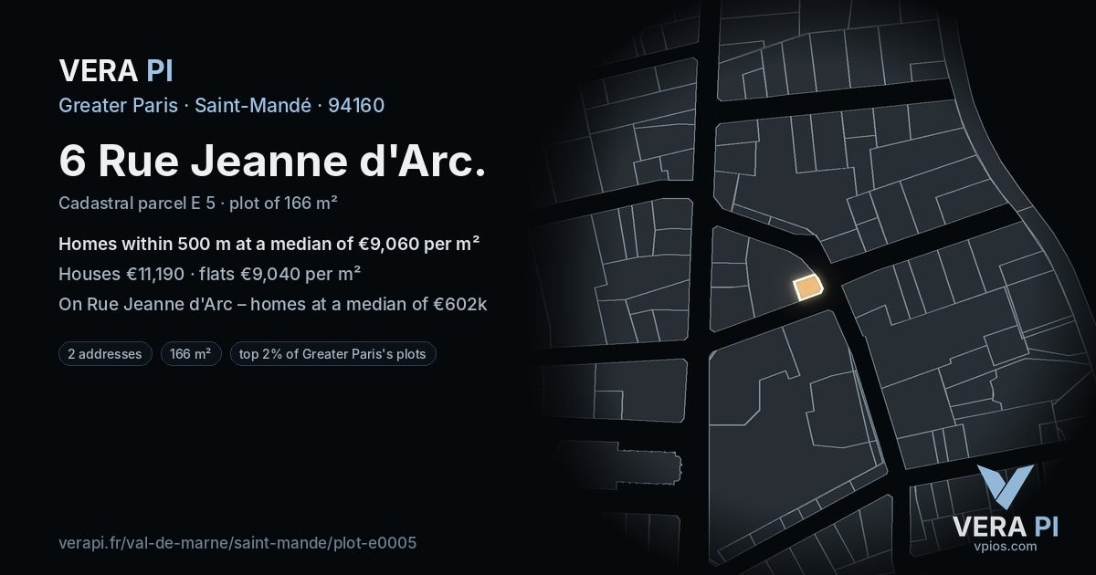 6 Rue Jeanne d'Arc, Saint-Mandé at night – the plot lit, the parcels around coloured by the prices near them