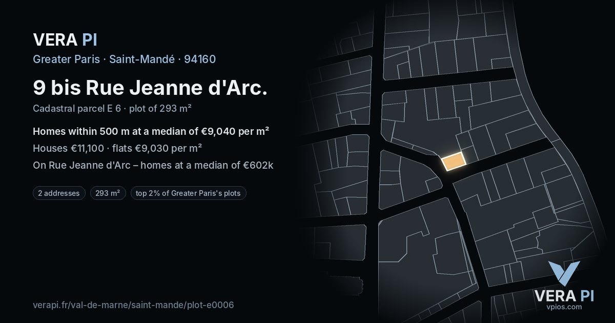 9 bis Rue Jeanne d'Arc, Saint-Mandé at night – the plot lit, the parcels around coloured by the prices near them