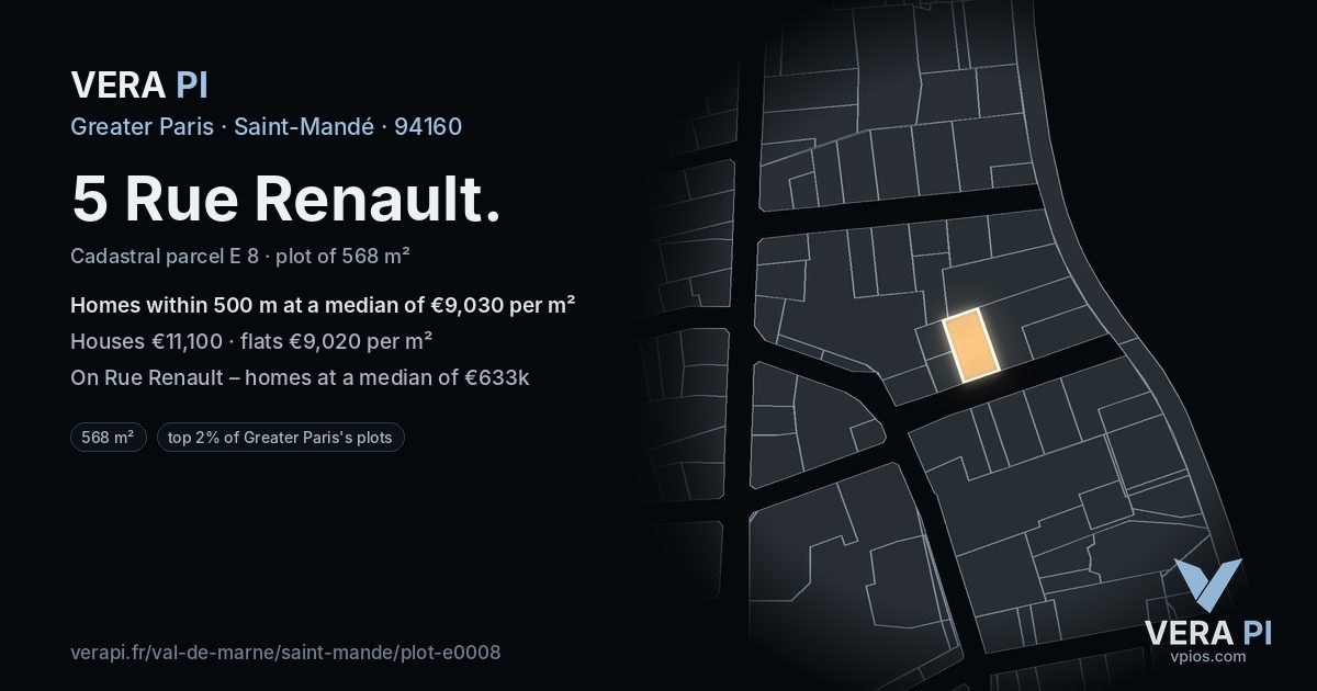 5 Rue Renault, Saint-Mandé at night – the plot lit, the parcels around coloured by the prices near them