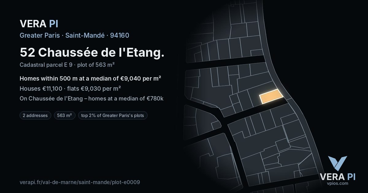 52 Chaussée de l'Etang, Saint-Mandé at night – the plot lit, the parcels around coloured by the prices near them