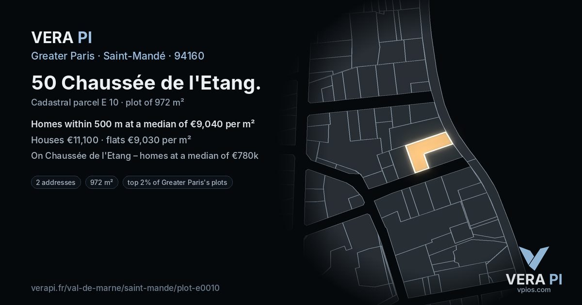 50 Chaussée de l'Etang, Saint-Mandé at night – the plot lit, the parcels around coloured by the prices near them
