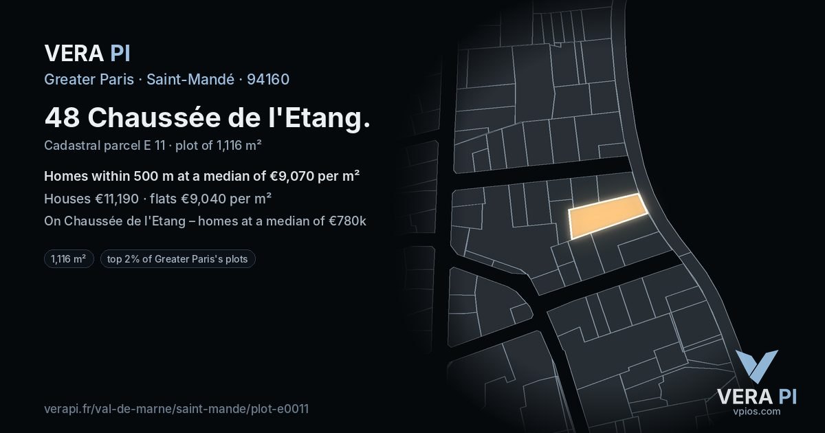 48 Chaussée de l'Etang, Saint-Mandé at night – the plot lit, the parcels around coloured by the prices near them