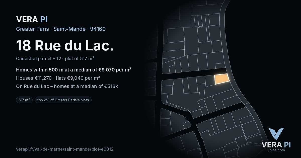 18 Rue du Lac, Saint-Mandé at night – the plot lit, the parcels around coloured by the prices near them